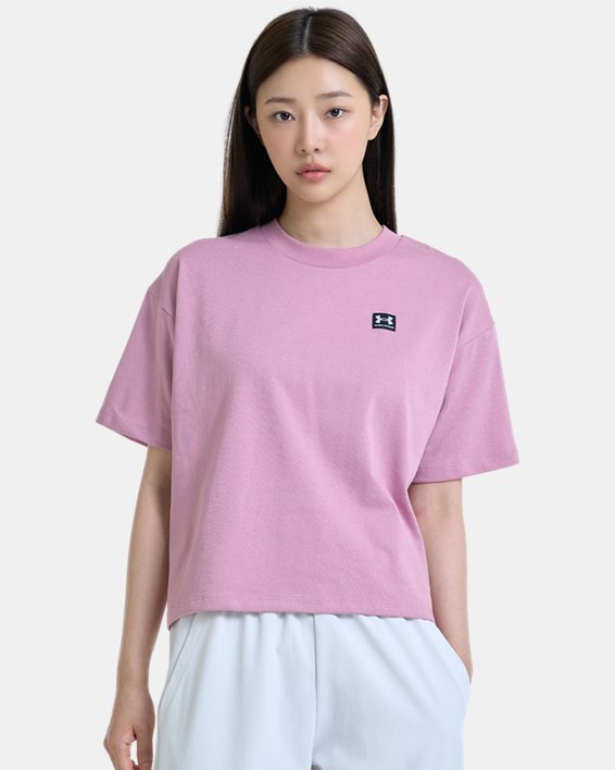 เสื้อแขนสั้นมีน้ำหนักทรงโอเวอร์ไซส์ UA Logo LC สำหรับผู้หญิง in Pink image number 0